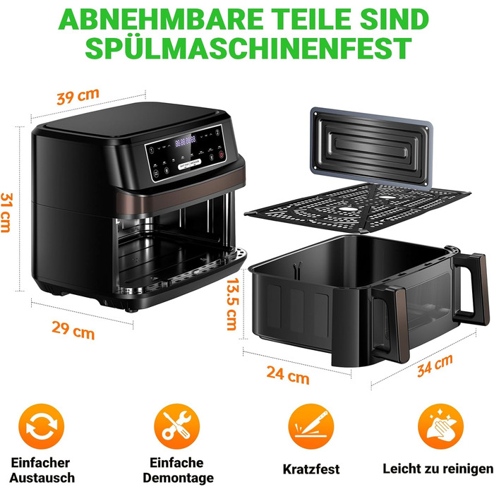 Фритюрниця повітряна XXL, 12л, 8-в-1, з двома камерами, окреме регулювання температури, сенсорний екран, чорний