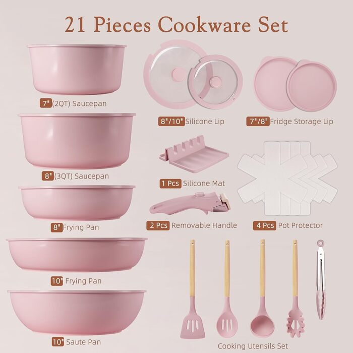Набір посуду Astercook 21 предмет: каструлі та сковорідки з антипригарним покриттям, керамічний набір посуду, знімні ручки, для дому та кемпінгу, сумісний з індукцією, можна мити в духовці, стаканий