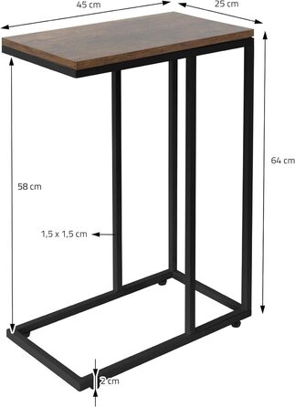 Журнальний столик ML-Design С-подібної форми, 45x25x64 см, металевий каркас і дерев'яна стільниця, під диваном, промисловий дизайн, журнальний столик Стіл для вітальні Журнальний столик Приліжковий столик Тумбочка Столик для ноутбука (чорний - вінтажний к