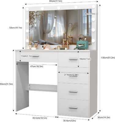Туалетний столик зі світлом і дзеркалом, з пуфом, 6 ящиків та 6 поличок, 80x36x130 см (PE50)