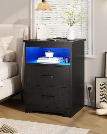 Приліжкова тумба з LED-підсвіткою, зарядною станцією та USB, 2 шухляди, чорна, для спальні та вітальні
