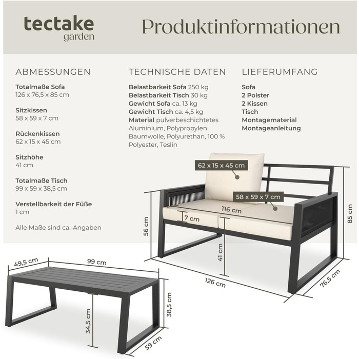 Набір садово-розсудних меблів tectake® Rope Design для саду/балкону: 2 крісла, диван, стіл з імітацією дерева, 4 посадочні місця, з подушками, вологостійкий