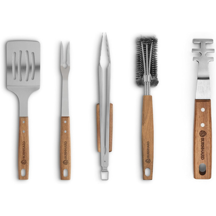 Набір гриль-посуду BURNHARD 5 предметів, 42 см, акацієве дерево, нержавіюча сталь, аксесуари для грилю (щипці, лопатка, виделка, щітка, знімач решітки)