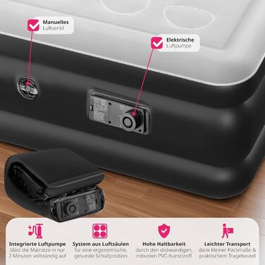 Надувна матрац Tectake для відпочинку та кемпінгу, 200 x 148 x 44 см, з електропомпою та сумкою для перенесення