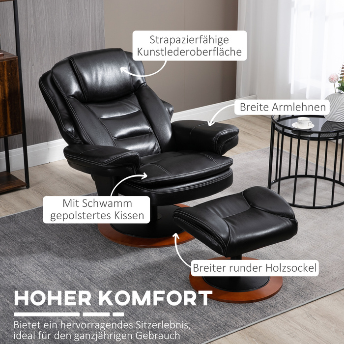 Крісло HOMCOM з пуфом і функцією відкидання, поворотне крісло під телевізором до 150 кг, штучна шкіра чорного кольору для комфортного відпочинку
