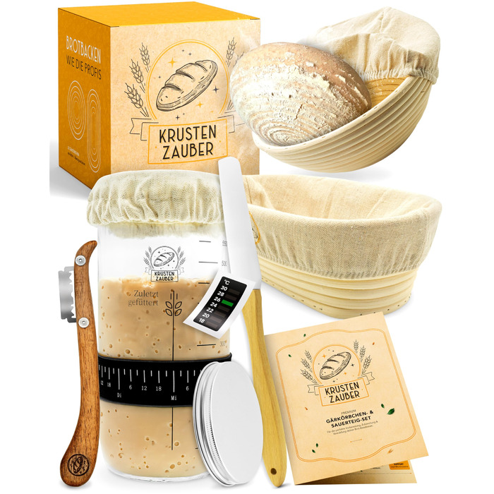 Набір для випічки хліба з закваскою Krustenzauber: 2 гнізда для бродіння, 600 мл закваски, аксесуари (гнізда з ротангу, гнітільне полотно, склянка для закваски, лопатка, ніж для хліба)