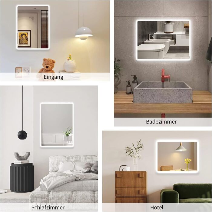 LED дзеркало для ванної кімнати Boromal 40x60 см з підсвічуванням та вимикачем, 6500K, холодний білий світ, стилізація Jf