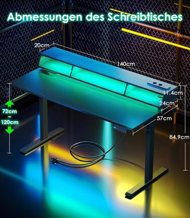 Офісний стіл для геймінгу OffiGo, 140 см, регульована висота, RGB LED, розетки, 3 полиці, тримач для напоїв та навушників, стільниця з карбону, білий (чорний)