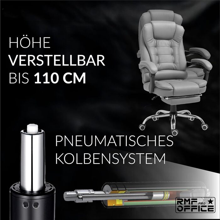 Ергономічне крісло для офісу RMF, регульоване, з підніжкою – зручне та розслаблююче крісло для робочого столу, обертається, регулювання висоти, сіре