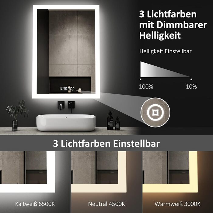 Дзеркало для ванної кімнати з підсвічуванням та годинником 50x70 см. LED дзеркало з сенсорним керуванням, 3 кольори світла, регулювання яскравості, 2470LM, стиль JB