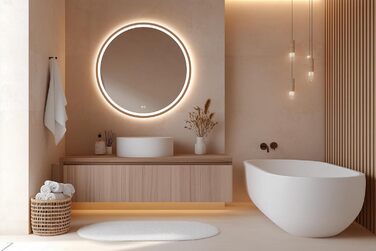 LED дзеркало для ванної кімнати Home Glow круглої форми 80 см з підсвічуванням, антизапарюванням, сенсорним вимикачем та металевим каркасом (червоне золото)