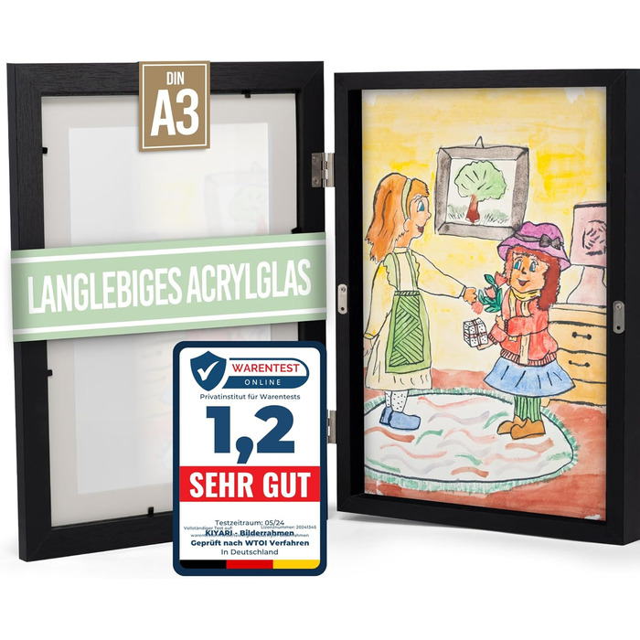 Рамка для дитячих малюнків KIYARI A4, 2 шт., білий, розкладний, з фронтальним доступом, для 150 малюнків, міцне дерево, безпечне скло, для творчості, дитячої кімнати та школи