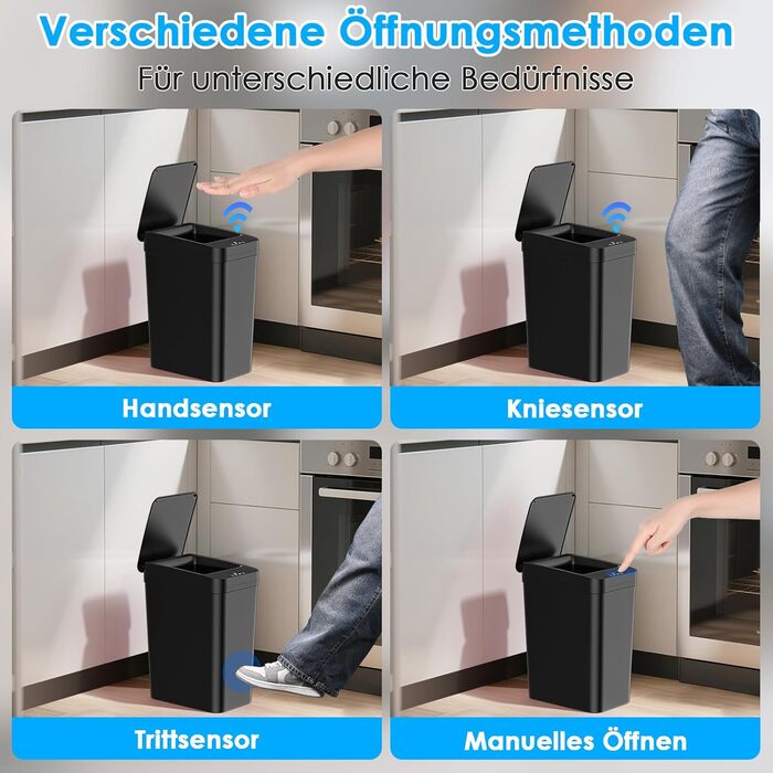 Набір з 2 автоматичних сміттєвих баків з датчиком, 12л, сенсорний кришка, 3 режими роботи, тихий, водонепроникний, інтелектуальний контейнер для сміття, для кухні, офісу, вітальні, ванної кімнати (2 шт. чорний)