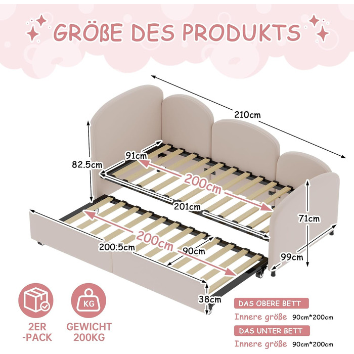 Дитяче ліжко-диван-трансформер 90x200 з висувною платформою, рожевий велюр, без матраца