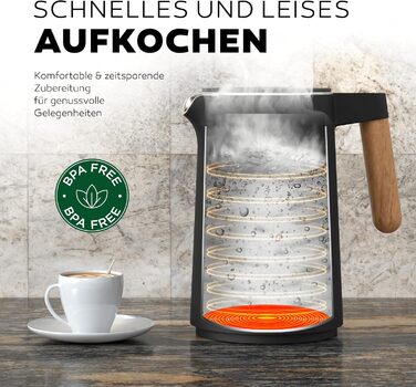 Чайник з нержавіючої сталі, 45-100C, з подвійними стінками, без бісфенолу А, тихий, бездротовий, 1,5 л, 2200 Вт, чорний