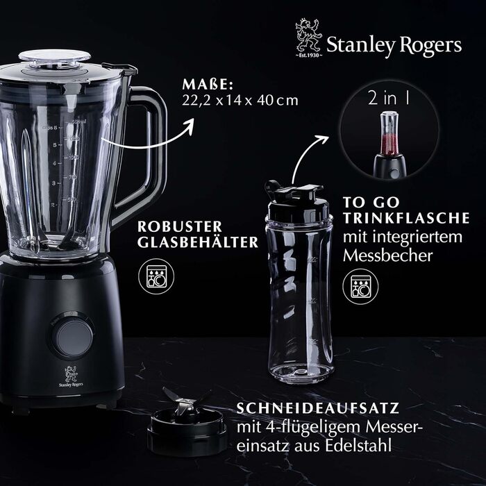 Стаціонарний блендер Stanley Rogers 500W з скляним глечиком 1л, 4-лопатева система + насадка для змішування, 2 швидкості