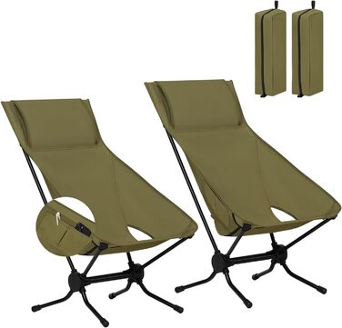 Набір з 2 кемпінгових крісел складний, складаний стілець Крісло для риболовлі Кемпінгове крісло, надлегке складне, зі спинкою Бічні кишені сумки для перенесення, 150 кг з можливістю завантаження, оксфордська тканина алюміній, зелений, CPS8157gn-2