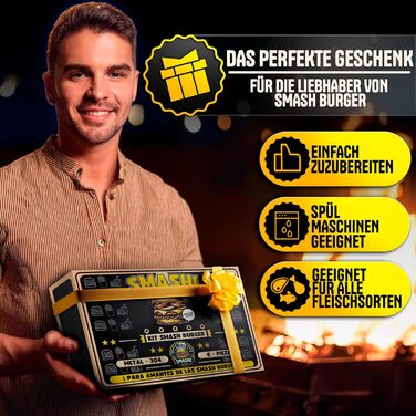 Набір для приготування бургерів SMASHI® з пресом та дзвоном – нержавіюча сталь 304, лопатка, 50 паперів для гриля, рецепти – оригінальний професійний набір
