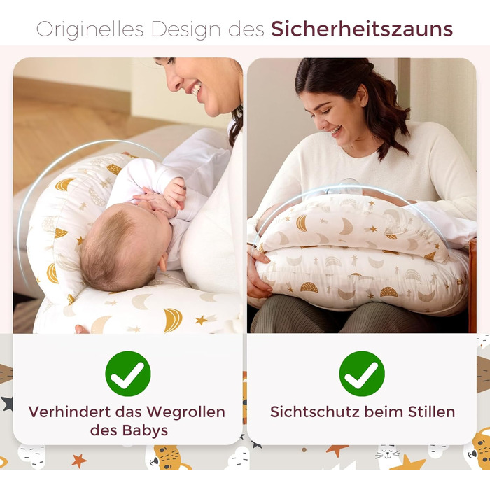 Подушка для годування Momcozy Stillkissen з безпечним бортиком – ергономічна подушка для годування та підтримки з регульованим ремінцем та знімним бавовняним чохлом, Медовий дощ (бежевий та помаранчевий)