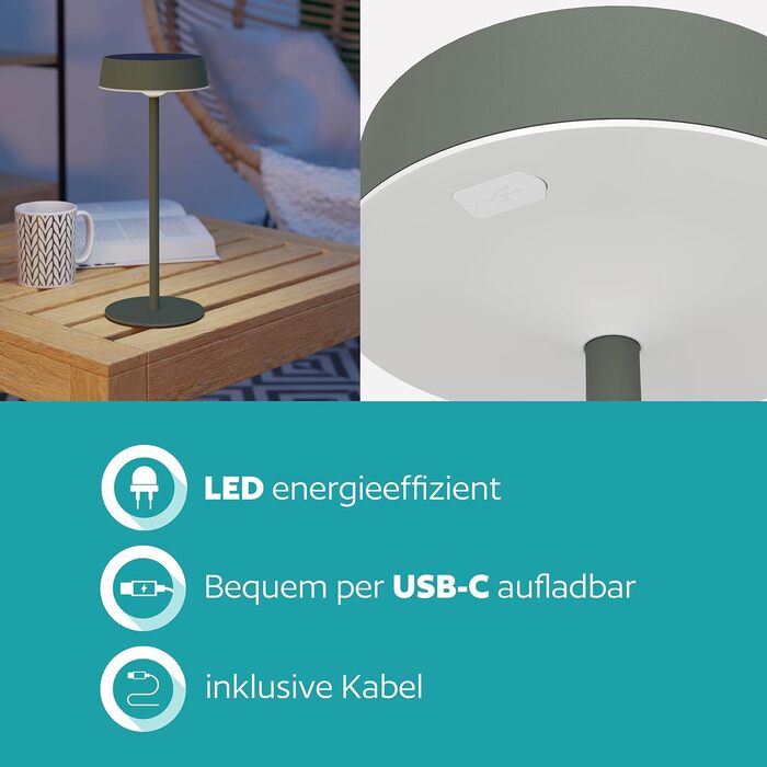 LED сонячна настільна лампа EGLO Simeri для вулиці, бездротова, акумуляторна, торкання, регулювання яскравості, IP54, металева, біла