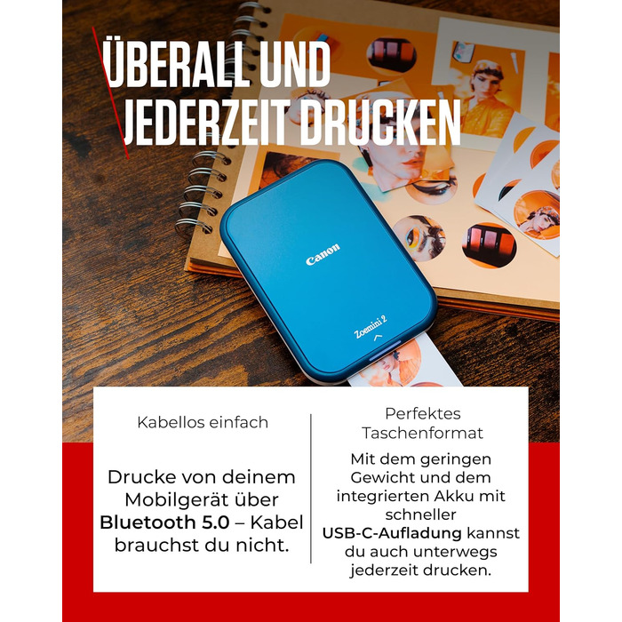 Canon Zoemini 2 Marineblau: Міні-принтер для фотографій, мобільний, компактний, з вбудованим акумулятором. Друкує фото 5x7,6 см зі смартфону/планшету. У комплекті: 20 шт. Zink паперу та 10 шт. круглих наліпок.