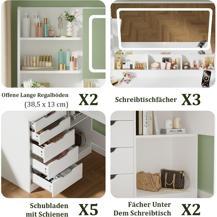 Дзеркальний столик для макіяжу Devoko з LED-підсвічуванням та пуфом, кутовий туалетний столик з розеткою, 5 ящиків, відкриті полиці, тримач для фену, для спальні (білий)