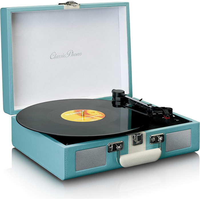 Вініловий програвач Lenco TT-110 Classic Phono, портативний, 33/45/78 об/хв, Bluetooth, ремінний привід, 2 вбудовані динаміки, AUX-IN, RCA-Out, 3,5 мм, синьо-білий