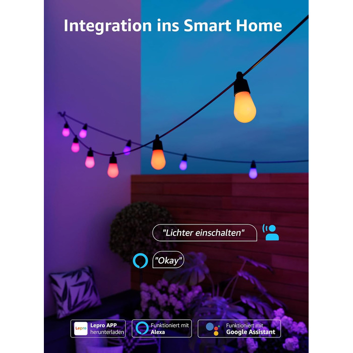 Lepro LED гірлянда для зовнішнього використання 30м, RGB+тепле біле світло, Wi-Fi, керування через додаток, сумісна з Alexa/Google, IP65, AI-дизайнер світла, 30 LED, без пульта