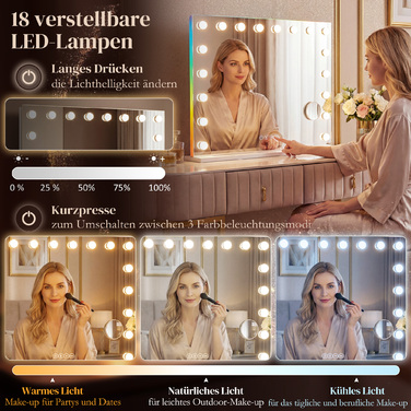 Дзеркало для макіяжу Голлівуд з 18 регульованими світлодіодами, 3 кольори, RGB-підсвічування, Bluetooth-динамік, 10-кратне збільшення, білий