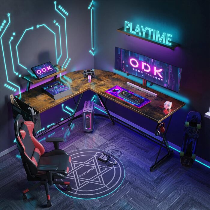 Ігровий стіл ODK Gaming, кутовий стіл для геймерів, стіл у формі L з підставкою для монітора, для офісу (Вінтаж Коричневий, 167 x 120 см)