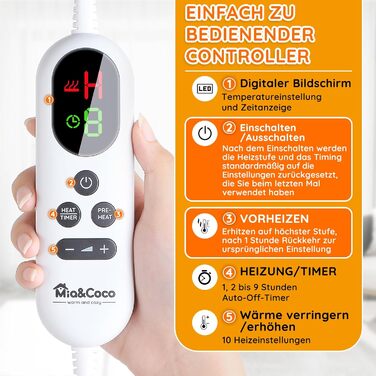 Електрична ковдра Mia&Coco з автовимкненням 160x130 см, 10 рівнів нагріву, таймер 9 год, захист від перегріву, пральна машина, фланелева ковдра для ліжка, дивана та вітальні, сіра, 130x160 см