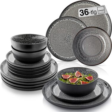 Набір посуду SÄNGER Sydney (36 предметів) | Набір тарілок на 12 осіб | Темно-сірий, стійкий до подряпин | VALUE COLLECTION
