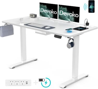 Стіл Devoko 160 x 80 см з регулюванням висоти, електричний стіл з індукційним зарядним пристроєм, електричний з керуванням пам'яттю та пам'яттю сидячи, 3 розетки, 4 коліщатка на 360 (сірий) білий і fr 160 x 80 см