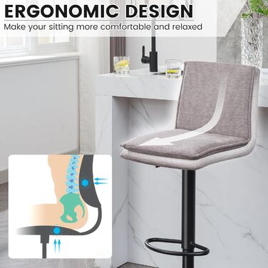 Барний стілець з льону, регульована висота, обертається, з підлокітником, для кухні та їдальні, сірий, 2 шт. Gary New