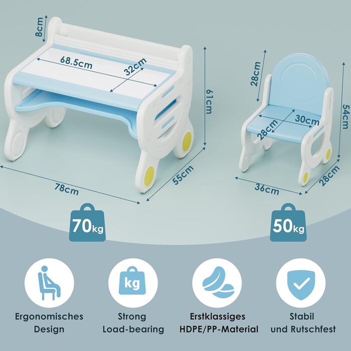 Дитячий стіл зі стільцями, для зберігання, багатофункціональний, стіл для малювання, набір стільців для дитячої кімнати (синій)