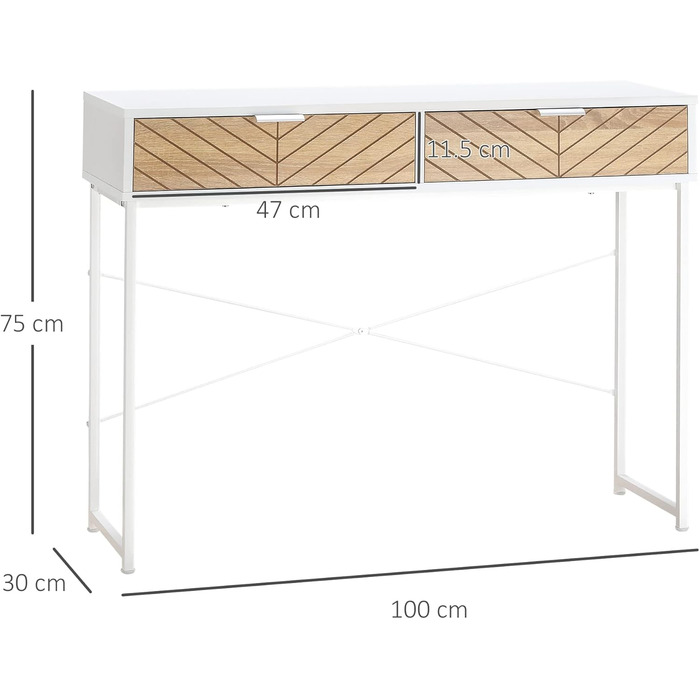 Сучасний консольний стіл HOMCOM з 2 ящиками, металевий каркас, журнальний столик для вітальні, білий