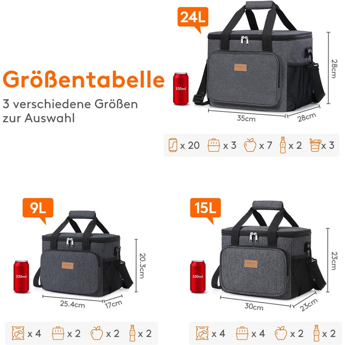 Термосумка-холодильник Lifewit 24л сіра, ізольована сумка-ланчбокс для пікніка, роботи, пляжу та подорожей. Складана, водонепроникна сумка-холодильник через плече.