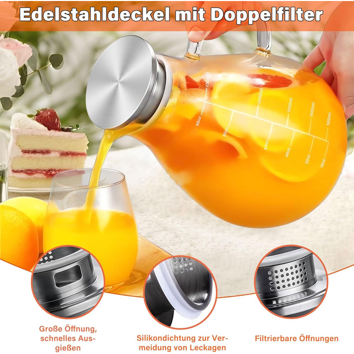 Скляна карафа з кришкою, 2500 мл, термостійке боросилікатне скло, з ситечком, для напоїв, чаю, кави, вина, молока, з щіткою для чищення