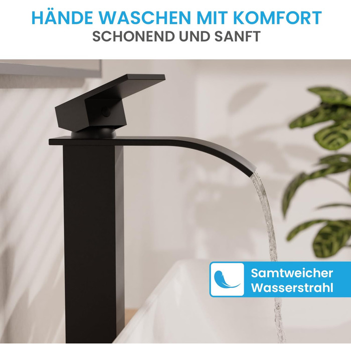 Змішувач для ванної кімнати Bächlein Tamina Waterfall в чорному матовому кольорі, однорідний важіль, керамічна картридж, комплект для монтажу