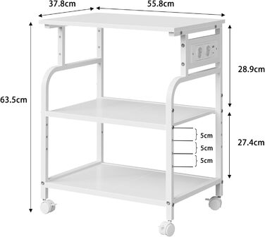 Тристопельний стіл для принтера з розеткою та USB-портами, регульовані полиці, роликовий стійка для дому/офісу, для 3D/лазерного друку, термопреса (білий, 60 см)