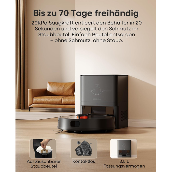 Робот-пилосос з функцією миття 5000Pa, потужний робот-пилосос з базою для самостійного очищення 3.5L, час роботи до 180 хвилин, навігація LiDAR, для збору шерсті тварин та прибирання килимів, керування через додаток, чорний