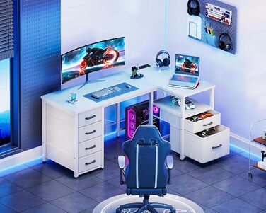 Комп'ютерний стіл Coleshome L-подібної форми з ящиками для документів, USB-роз'ємом та розеткою, для дому та офісу (білий, 140x70 см)