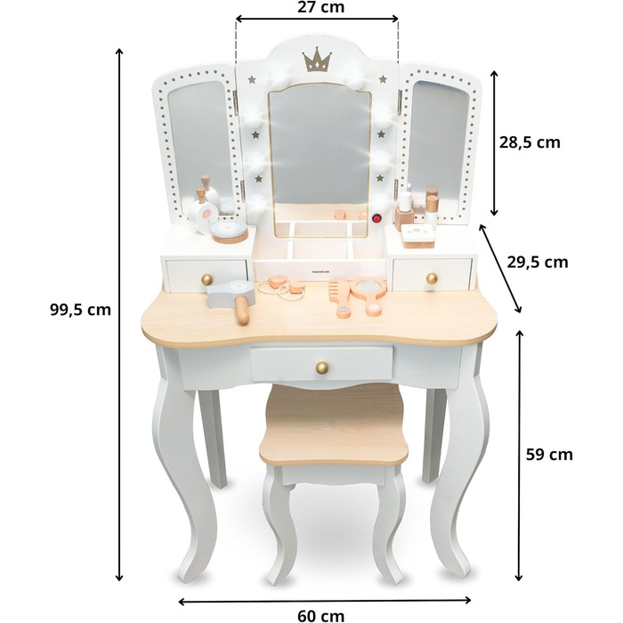 Детський туалетний столик Mamabrum XXL з дерева з пуфом та LED-дзеркалом – для дівчаток віком від 3 років з висувною шухлядою та аксесуарами для краси – ігровий набір та письмовий стіл MAM240 DRESSER