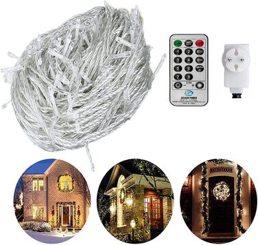 Гірлянда святкова 100м, вологостійка, для дому та саду, з пультом, 8 режимів, тепле світло (біла)