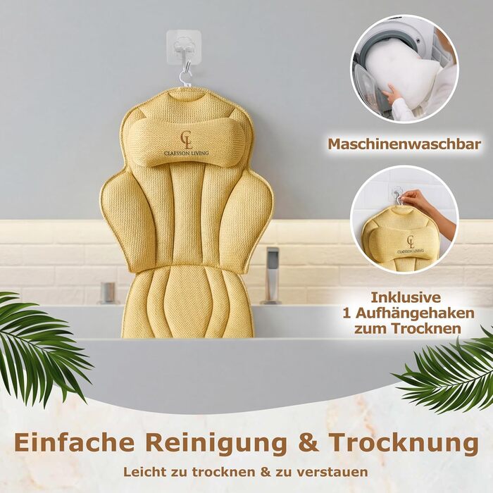 Подушка для ванни повне тіло (152x56 см) з підголівником (11 см) - підтримка шиї, спини та ніг - бежева. З сумкою для прання та подорожей, гачком для сушіння.