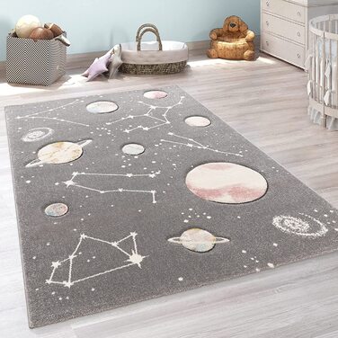 Дитячий килимок Paco Home, ігровий килимок для дитячої кімнати з планетами і зірками, Розмір 120x170 см (133 см квадратний, сірий)
