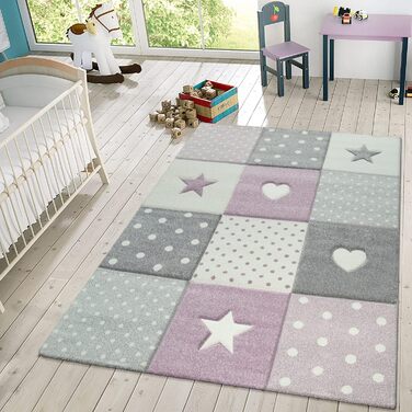 Дитячий килимок Stars Heart Dots Короткий ворс Пастель, 133 см Квадрат, Сірий Фіолетовий Кремовий