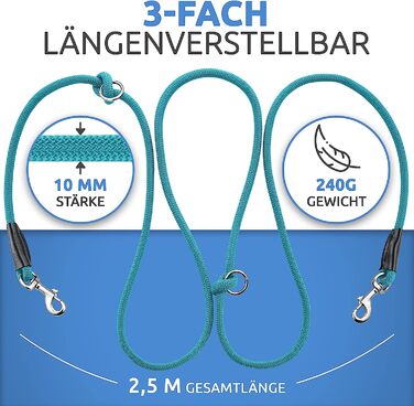 Повідець для собак HappyShephie 2,5 м-Ідеально підходить для собак середнього і великого розміру-легка вага 240 г, Регульований в 3 рази-надзвичайно міцний повідець через плече і подвійний поводок / зелений(2,5 метра, ocean teal)