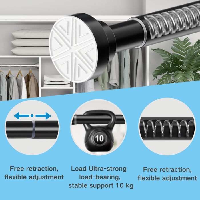 Висувна штанга для душу з нержавіючої сталі 185-250 см, без свердління, чорна