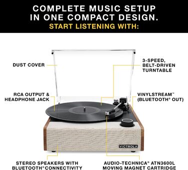 Програвач вінілу Victrola Eastwood II, чорний, з Bluetooth 5.1, вбудованими динаміками, технологією Vinyl-Stream, трьома швидкостями та картриджем Audio Technica AT-3600LA, ретро дизайн